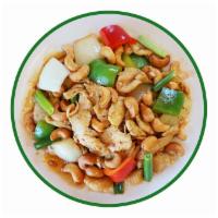 Cashew Nut · Stir-fried with cashew nut, bell pepper, onion, scallions, carrot, special cooking sauce.