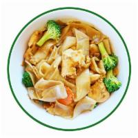 Pad See Ew  · Stir-fried with flat noodle, broccoli, carrot, egg, sweet soy sauce.