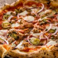 The Beastmaster Pizza · Tomato, mozzarella, gorgonzola, pork sausage, onion, caper and jalapeno.