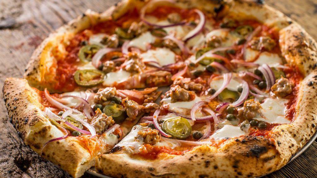 The Beastmaster Pizza · Tomato, mozzarella, gorgonzola, pork sausage, onion, caper and jalapeno.