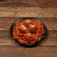 Spaghetti con Polpettine · Spaghetti with meatballs, basil and fresh tomato sauce.