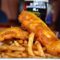 Fish & Chips · Our famous harp beer-battered haddock, lightly fried and served with french fries, house sla...