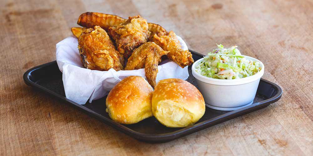 3 Pieces Chicken Combo Meal · Comes with 1 breast, 1 thigh, 1 wing, 2 broasted potatoes, 1/2 pint coleslaw, 2 roll with butter, and honey.