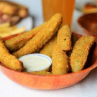 Fried Pickle Spears · Served with ranch.
