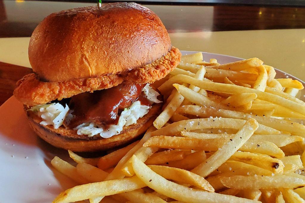 Fried Chicken Sammy Sandwich · Dill fried chicken, coleslaw, bacon, bbq sauce. Served with choice of house made potato chips, coleslaw or fries.
