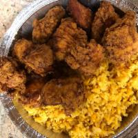 Chicharon de Pollo sin Hueso · Crunchy cracklin' chicken, boneless. Includes choice of rice and 1 side dish.