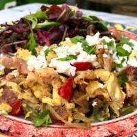 Smoked Chicken Scramble · Pulled smoked chicken, bell peppers, onions, feta cheese, fruit and green salad.