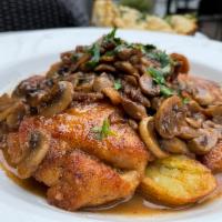 Chicken Marsala · Panko bread crumbs, mushrooms, fingerling potatoes.