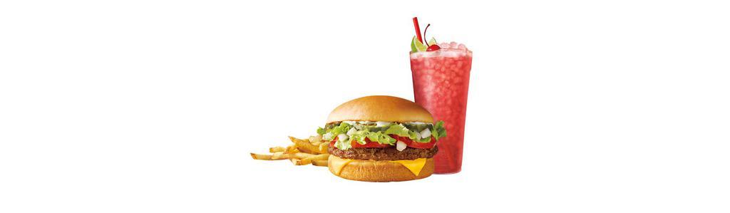 Sonic Cheeseburger Combo · Melty American cheese, crinkle-cut pickles, chopped onions, fresh shredded lettuce & ripe tomatoes on a perfectly seasoned, 100% pure beef patty with your choice of mustard, mayo or ketchup. Includes entree, medium tots or fries, and medium soft drink.