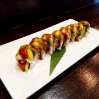 Caterpillar Roll · Fresh water eel and cucumber roll topped with avocado.