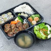 Dinner Box · California roll, shrimp shumai, miso soup, salad, shrimp tempura and rice. Choice of 1 item.