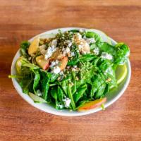 Provencal Salad · Baby spinach, pear, apple, goat cheese, caramelized walnuts and apple cider vinaigrette.