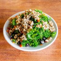 Kale Super Salad · Almond slivers, dried apricots, fresh blueberries, farro and vinaigrette. Can be gluten free...