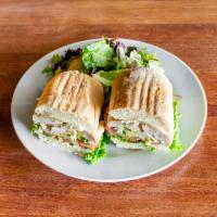 Chickadee Sandwich · Herb grilled chicken, mozzarella, lettuce, tomato, red onions, mayo and avocado and French r...