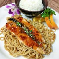 Salmon Teriyaki · Grilled salmon with teriyaki sauce, teriyaki noodle, and rice