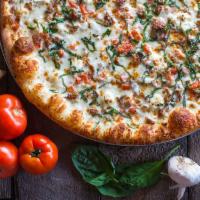 The Pearl Pizza · White pie blend of oils, Parmesan, ricotta, Italian sausage, tomatoes, minced garlic and fre...
