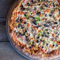 Soho Veggie Pizza · Mushrooms, green peppers, black olives, red onions, tomatoes and minced garlic.