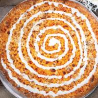 Buffalo Chicken Pizza · Hot sauce base, fresh roasted chicken, hand-grated mozzarella, blue cheese crumbles and a sw...