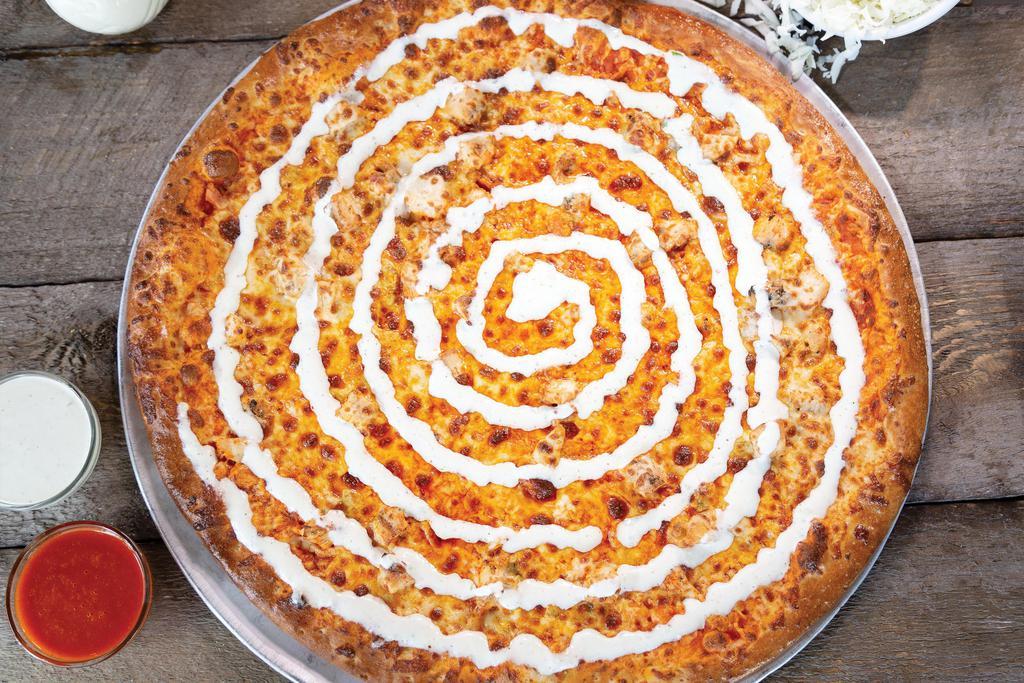 Buffalo Chicken Pizza · Hot sauce base, fresh roasted chicken, hand-grated mozzarella, blue cheese crumbles and a swirl of homemade white ketchup.