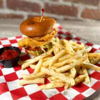 The Fried Chicken Sandwich · Hand-battered chicken, lettuce, tomato, pickles, mayonnaise. Get it Buffalo-style by adding ...