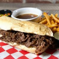Hot Beef Dip Sandwich · Fresh, thinly sliced steak served on an Italian roll with pickled giardiniera and au jus dip...