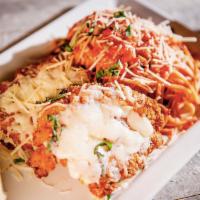 Craveable Chicken Parmesan Pasta · Hand-breaded Parmesan chicken, topped with melted hand-grated mozzarella, shredded Parmesan ...