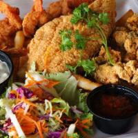 Seafood Platter · 1 deep-fried catfish filet, 3 pieces of fried shrimp, and 3 deep-fried oysters served on a b...