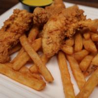 Chicken Tenders · 4 crispy hand-breaded tenders served with fries and your choice of ranch or honey mustard.