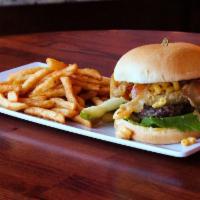 The Mac 'n Cheese Burger · All-beef patty with lettuce, tomatoes, applewood smoked bacon, piled - high mac 'n cheese, a...
