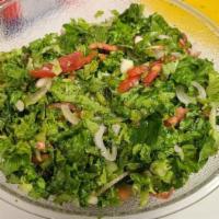 Lebanese Salad and Fattoush · Romaine lettuce, tomatoes, cucumber, fresh mint, garlic, lemon juice and olive oil on pita b...