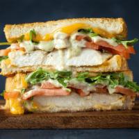 Chicken Pesto Grilled Cheese · Basic 5 Grilled Cheese with Grilled Chicken Breast, Arugula, Fresh Tomato ＆ Pesto Aioli.