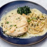Pollo Picata · Grilled chicken breast, garlic, lemon, capers, parsley, white wine, served with spaghetti an...