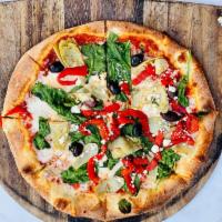 Mediterranean · mozzarella, tomato sauce, feta cheese, spinach, kalamata olives, roasted red pepers, articho...