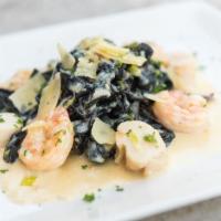 Fettucini Nero · homemade black squid ink organic pasta with leeks, shallots, garlic, shrimp, local wild scal...