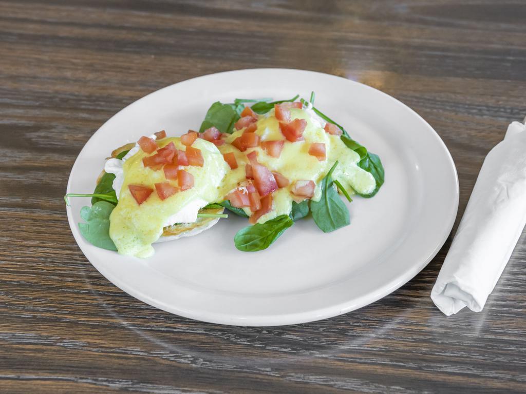 Eggs Florentine · Comes with spinach and tomato.