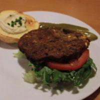 Black Bean Burger · Seasoned Black Bean burger served with Lettuce, Tomato, and Pickle on a Brioche Bun (Please ...