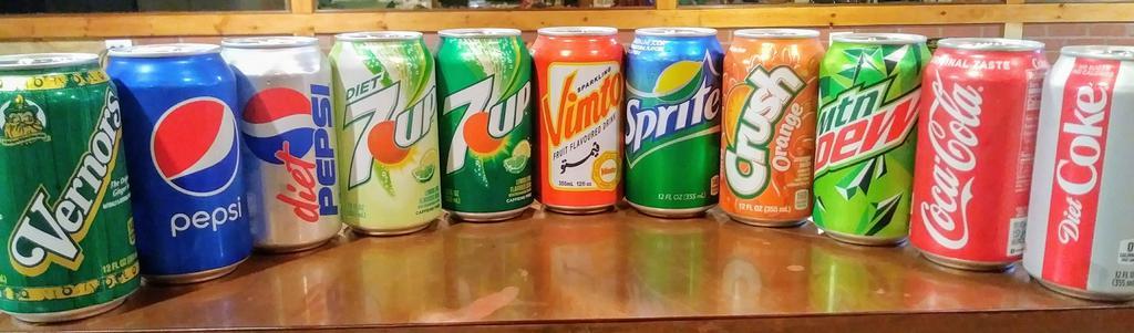 Assorted Soft Drinks · Pepsi (Regular, Diet), Coke (Regular, Diet), Mountain Dew, 7-Up (Regular, Diet), Sprite, Vernors, Crush and Vimto (a berry-flavored drink), Mugs Root Beer