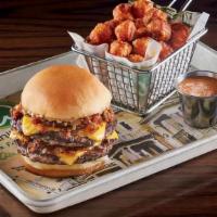 PBJ Burger · Two 1/4 lb. burger patties, creamy peanut butter, bacon onion jam, and government cheese.  1...