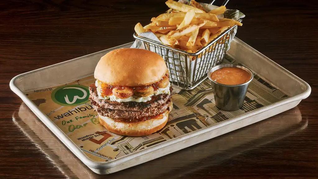 The Wahl-apeno Burger · Two 1/4 lb. burger patties, crispy fried jalapenos, sweet-and-spicy jalapeno pepper jelly, and Boursin cream cheese.  1100 calories.
