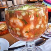 Campechana · -	Pre-cooked shrimp & octopus, with raw Bay Scallops in cold shrimp broth with house spices,...