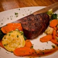 Grilled Filet · Includes side of sauteed vegetables.  Please keep in mind, when taking steaks to go, they te...