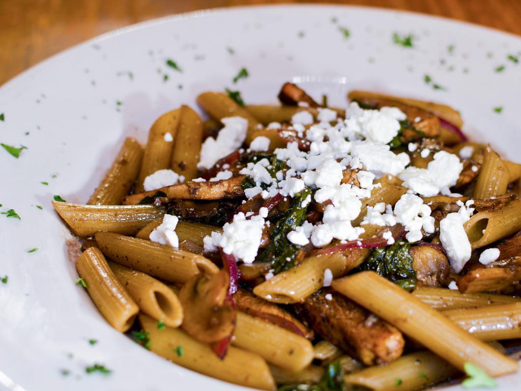 Angels Balsamic Chicken and Spinach · Grilled chicken with sauteed onions, mushrooms, garlic, spinach, balsamic and oil, topped with feta cheese and tossed with penne pasta.