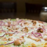 Lynn's Pizza · Topped with creamy pesto sauce, chicken, onions, Parmesan, mozzarella and garlic. Hand-tosse...
