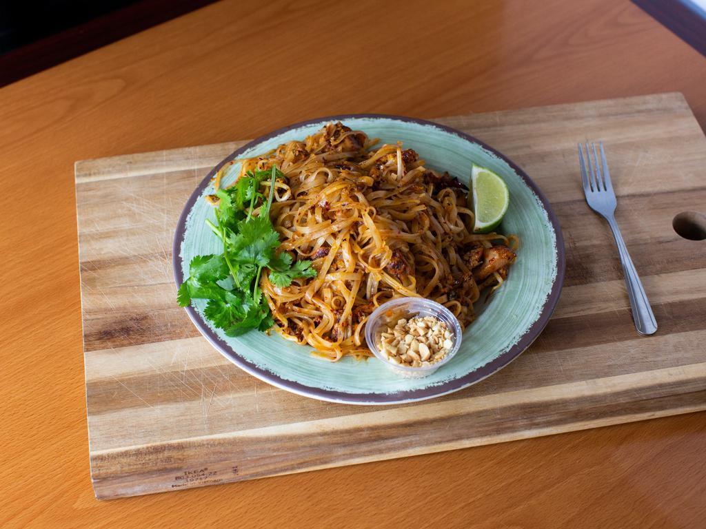 D6. Pad Thai · Rice noodles, stirfried with bean sprouts, peanuts, spring onions, dried chili and your choice of meat.