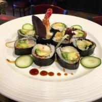 Lobster Tempura Roll · Lobster tempura, avocado, cucumber and mixed green tobiko with special sauce.