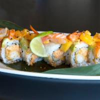 Mango Special Roll · Cucumber, spicy crab, shrimp tempura, salmon avocado, yellowtail, tuna chunks, mango and spi...