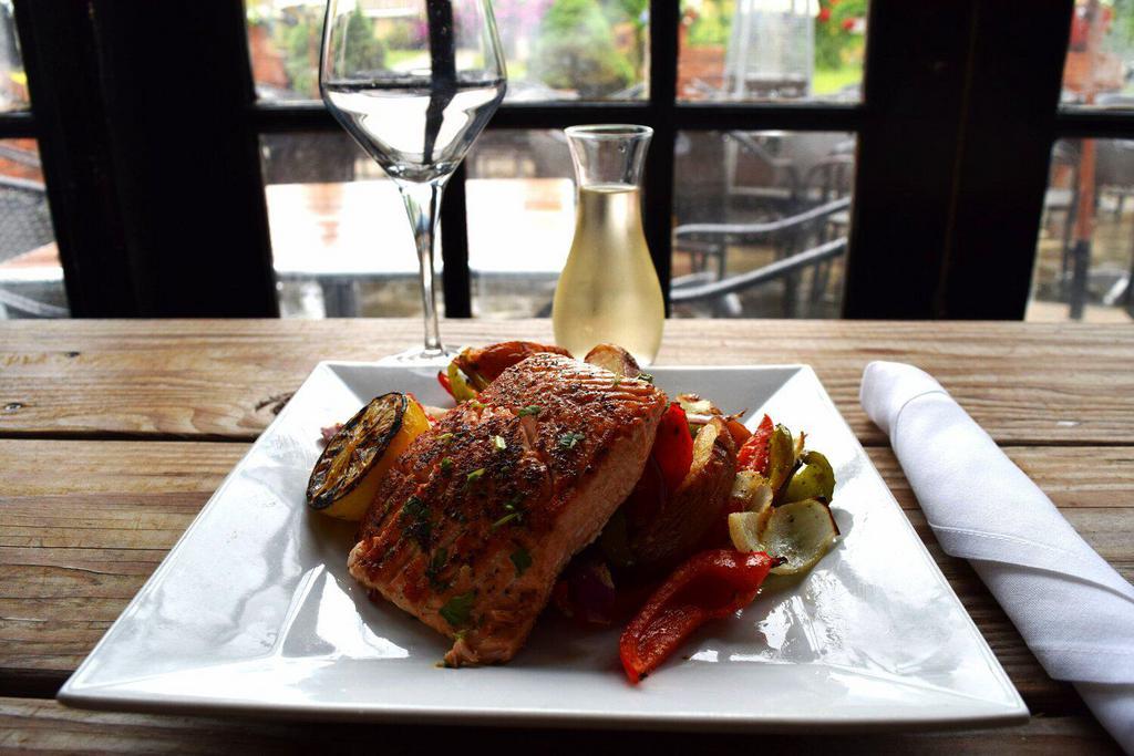 Fresh Grilled Salmon · Roasted red bliss potatoes, vegetables.
