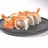 Shachihoko Tempura Roll · Shrimp Tempura and Salmon covered in seared Salmon and topped with Tempura Flakes