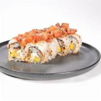 Salmon Skin and Crab Roll · Real Crab and Salmon Skin topped with torched Salmon and Tuna cubes tossed in Spicy Anago Sa...