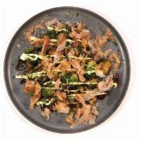 Fried Brusselsprout · okonomiyaki sauce, kewpie mayo, seaweed, bonito flake

vegetarian option is available with...